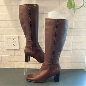 St. John’s Bay sz 6.5 tall brown leather heeled boots braided accent